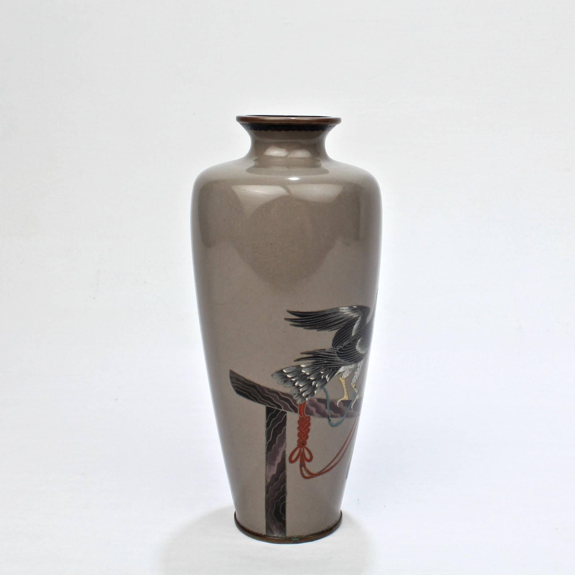 A Meiji period Japanese Cloisonné vase with a large bird of prey. Likely an Eagle or Falcon. 

Similar in style to work by Kumeno Teitaro.

Finely worked with crisp imagery.

Measures: Height circa 6 in.

Items purchased from David Sterner