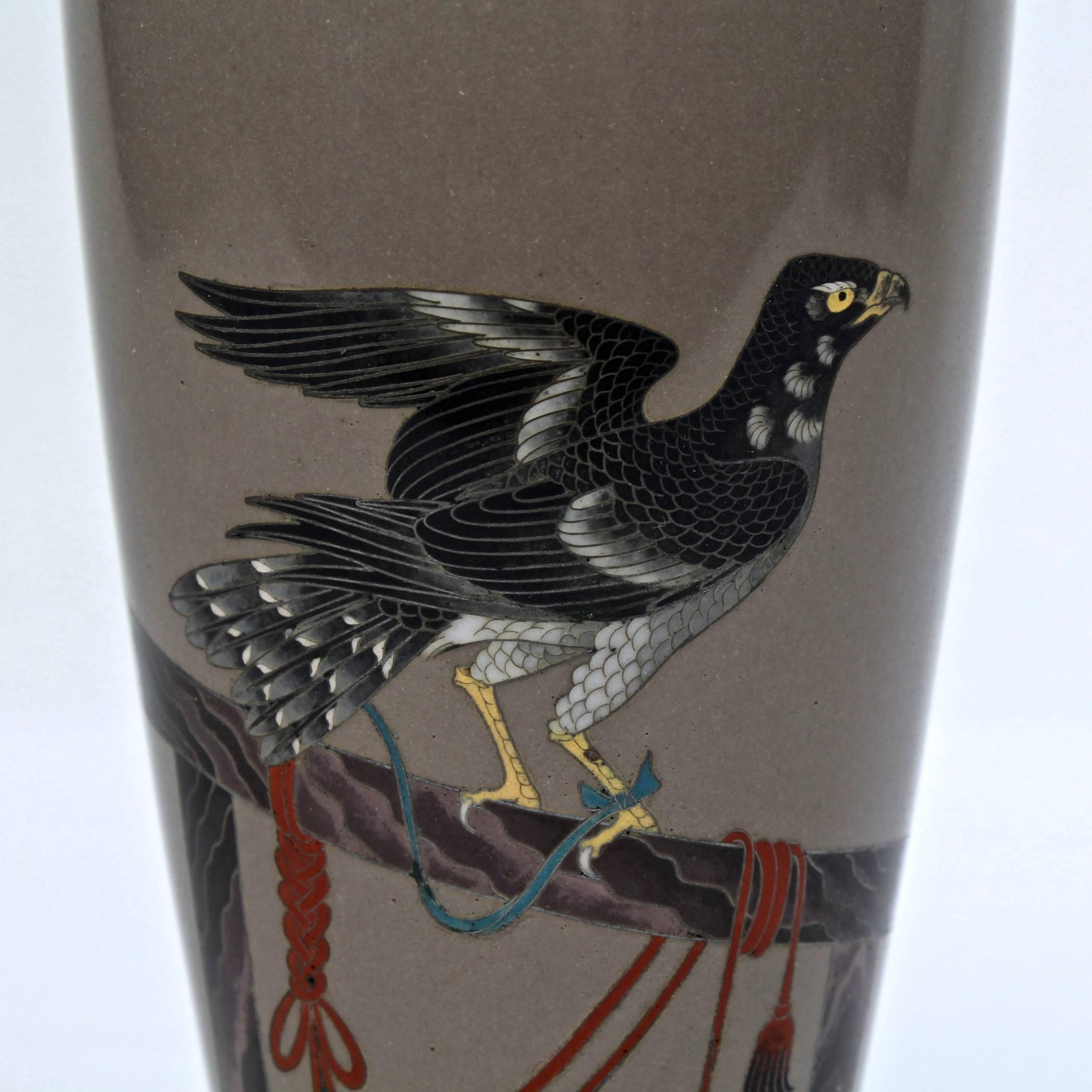Enamel 19th Century Meiji Period Japanese Cloisonné Vase with a Falcon
