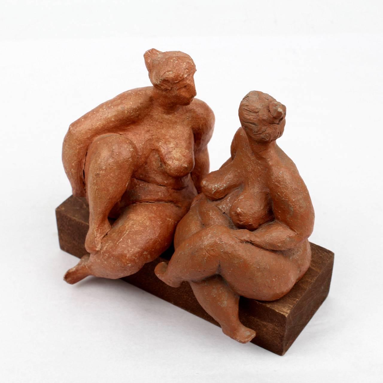 Pottery Two Modernist Terracotta Sculptures of Rubenesque Women by F. Kahn, 1980s