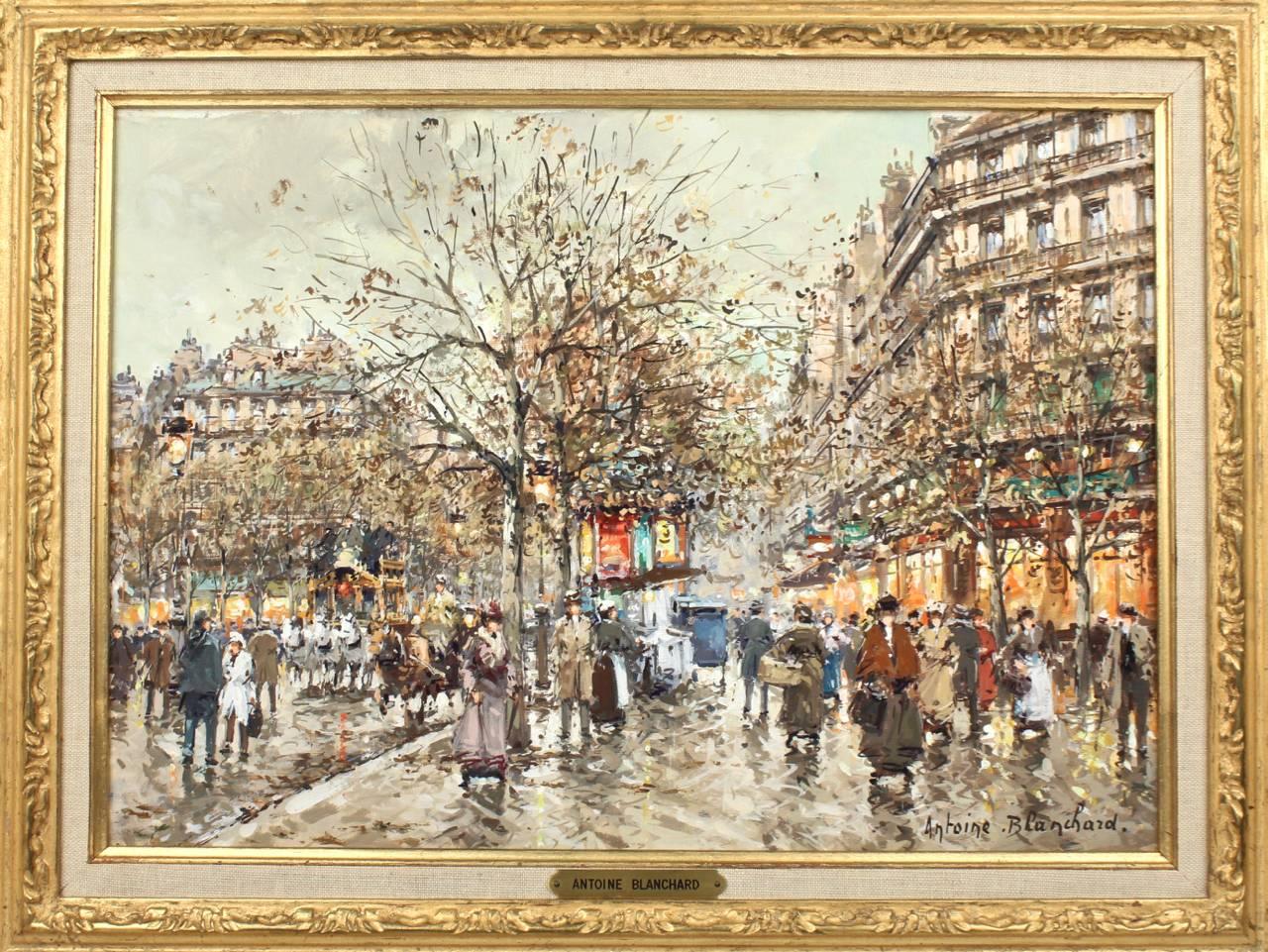 A fine impressionist oil on cavas painting by Antoine Blanchard (1910-1988) of bustling Parisian street scene from 1900.

Entitled 