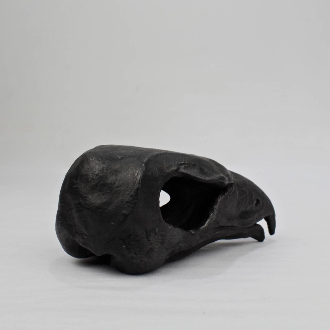 Modern Unique Black Painted Terracotta Sculpture of a Hawk Skull by Darla Jackson, 2016 For Sale