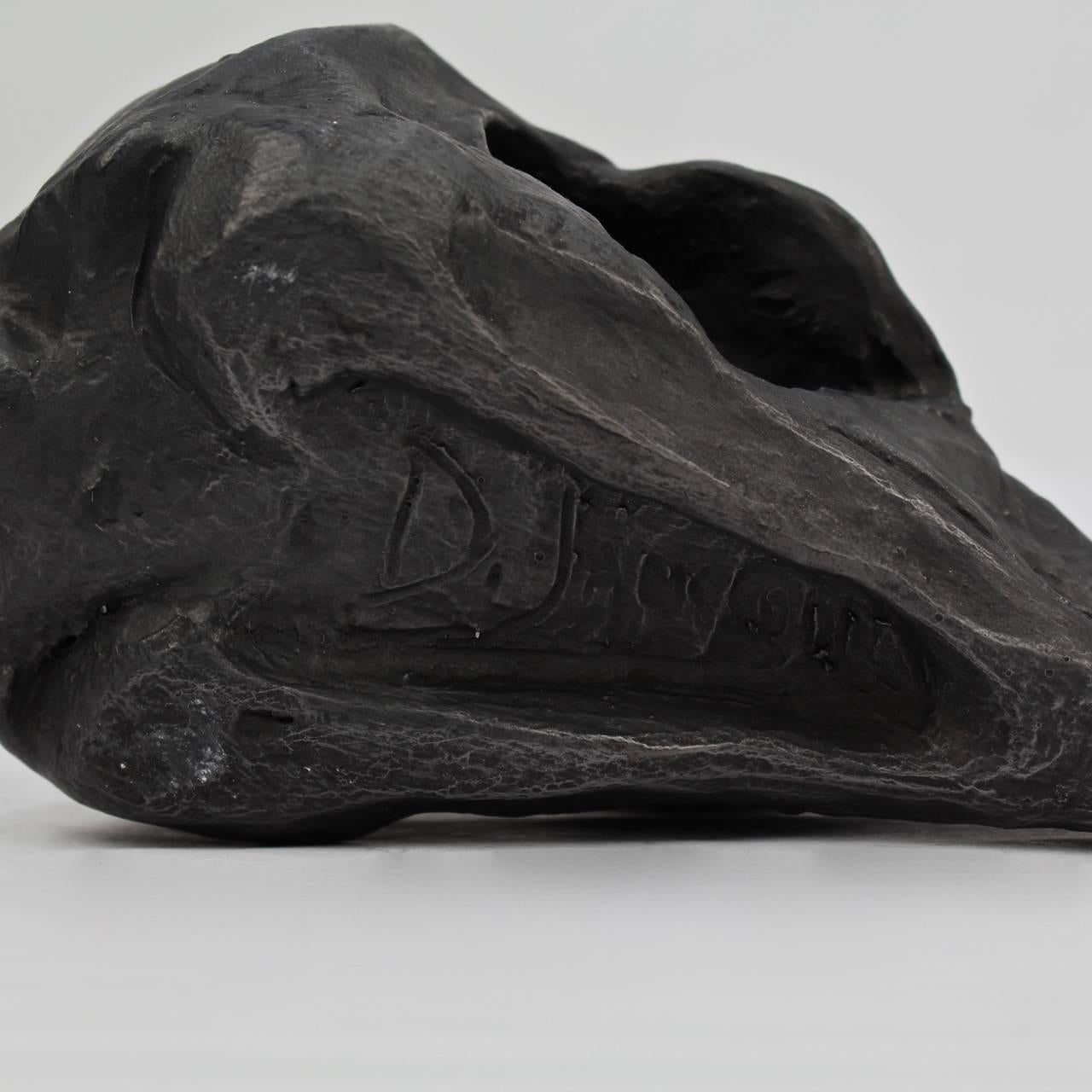 Unique Black Painted Terracotta Sculpture of a Hawk Skull by Darla Jackson, 2016 For Sale 1