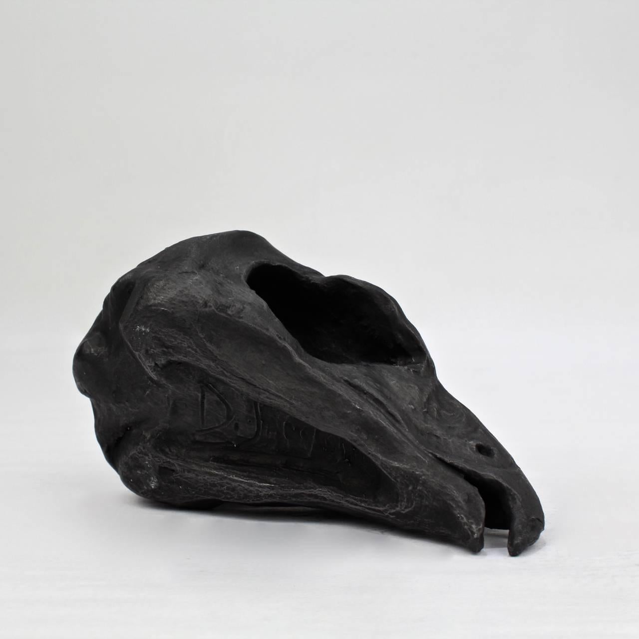 Contemporary Unique Black Painted Terracotta Sculpture of a Hawk Skull by Darla Jackson, 2016 For Sale