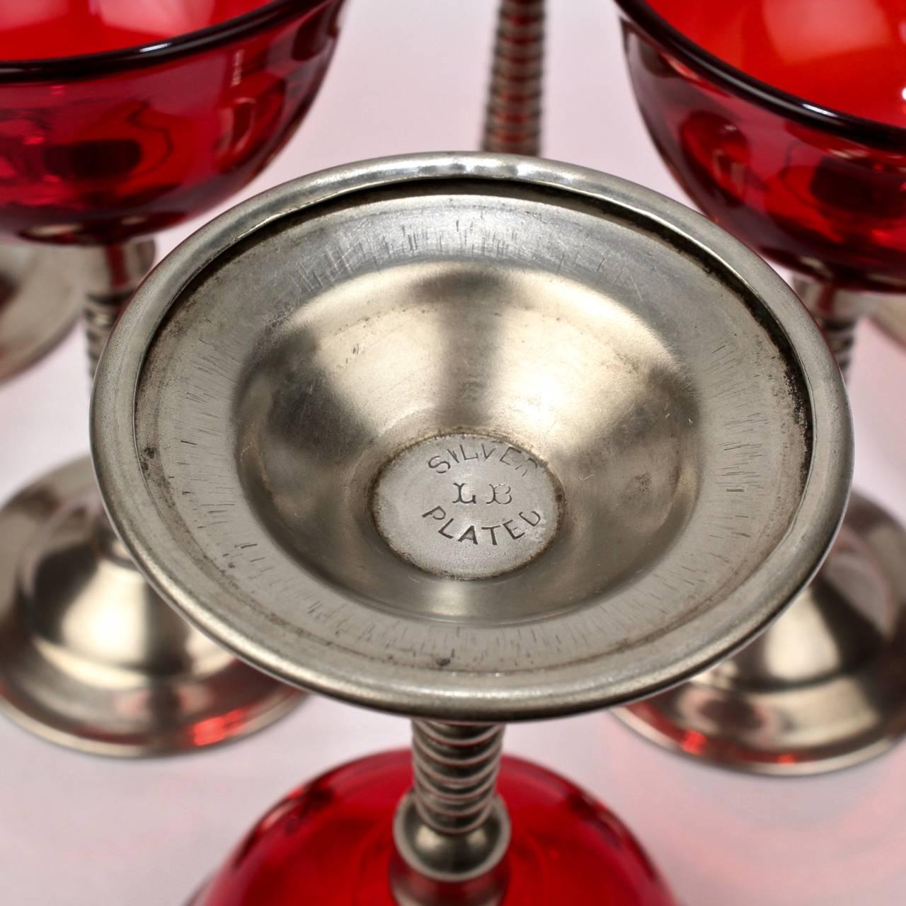 20th Century Set of Six Machine Age Silver Plate and Red Glass Martini or Cocktail Glasses