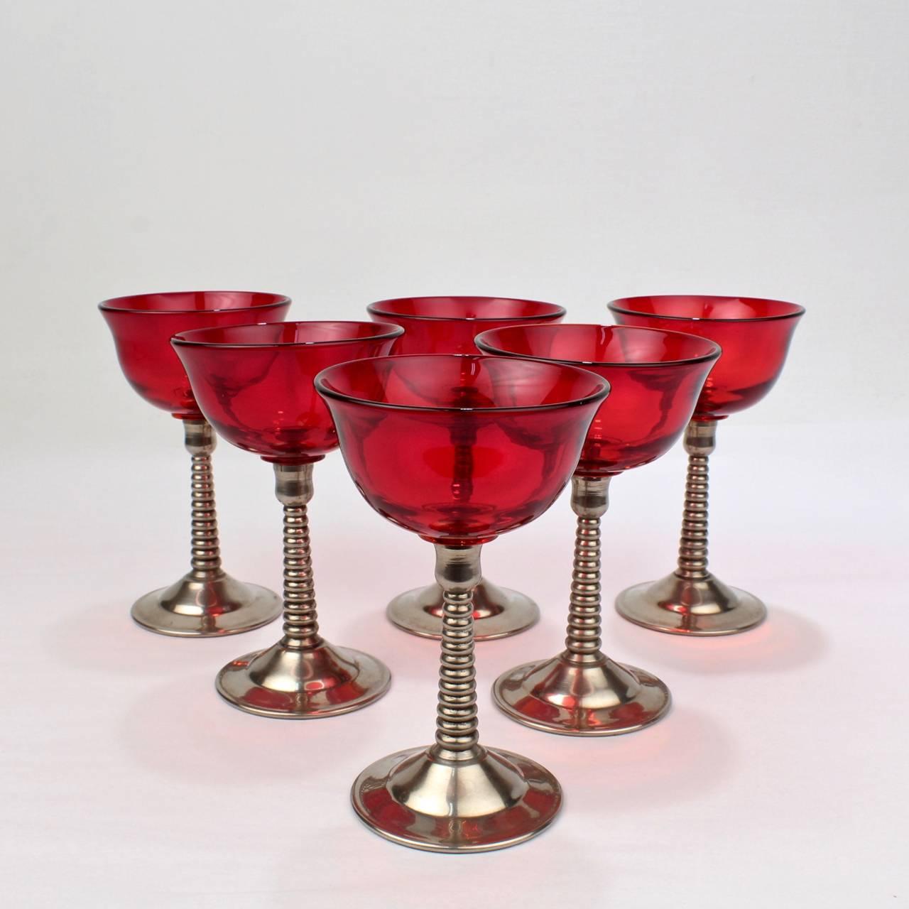 Set of Six Machine Age Silver Plate and Red Glass Martini or Cocktail Glasses 2
