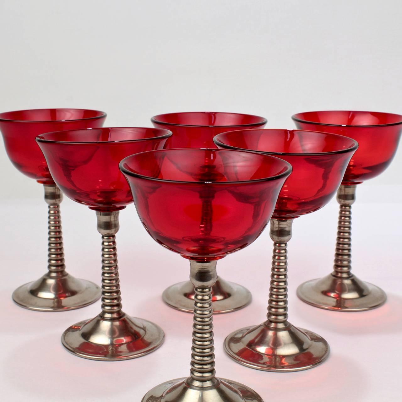 Set of Six Machine Age Silver Plate and Red Glass Martini or Cocktail Glasses 1