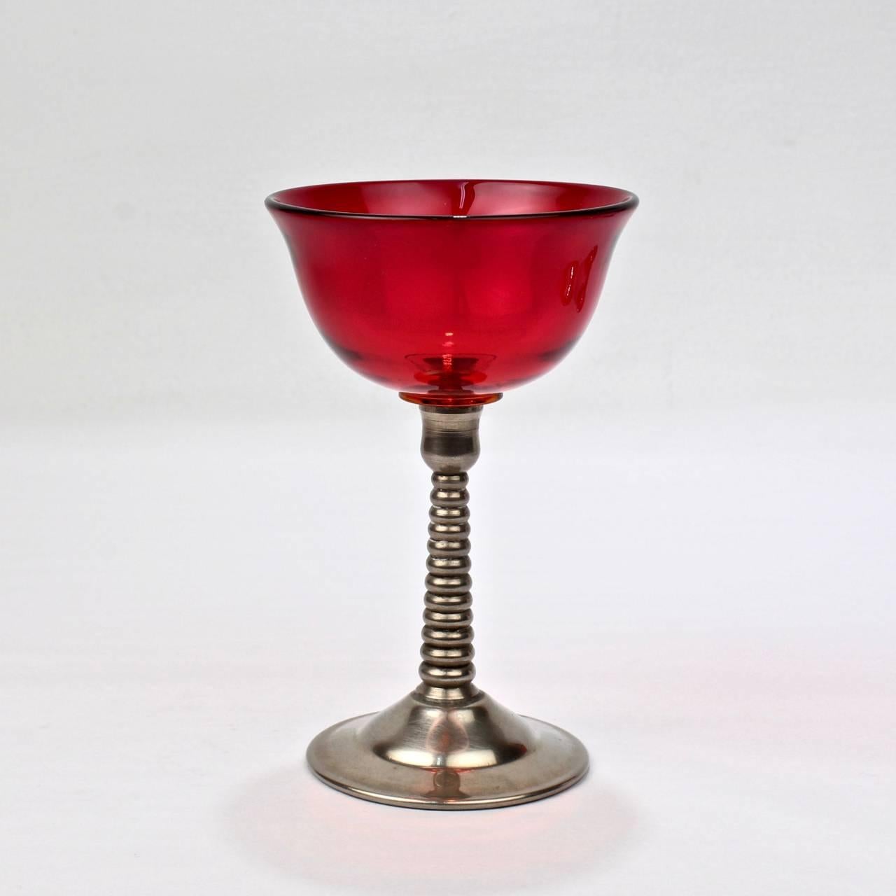American Set of Six Machine Age Silver Plate and Red Glass Martini or Cocktail Glasses