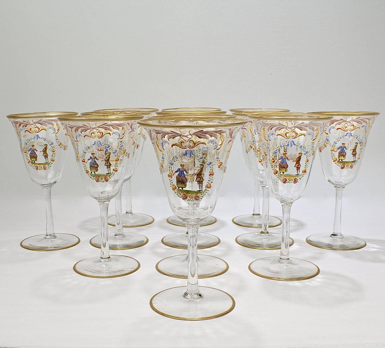 Set of 12 Enameled Glass Wine or Water Goblets, 1930s For Sale