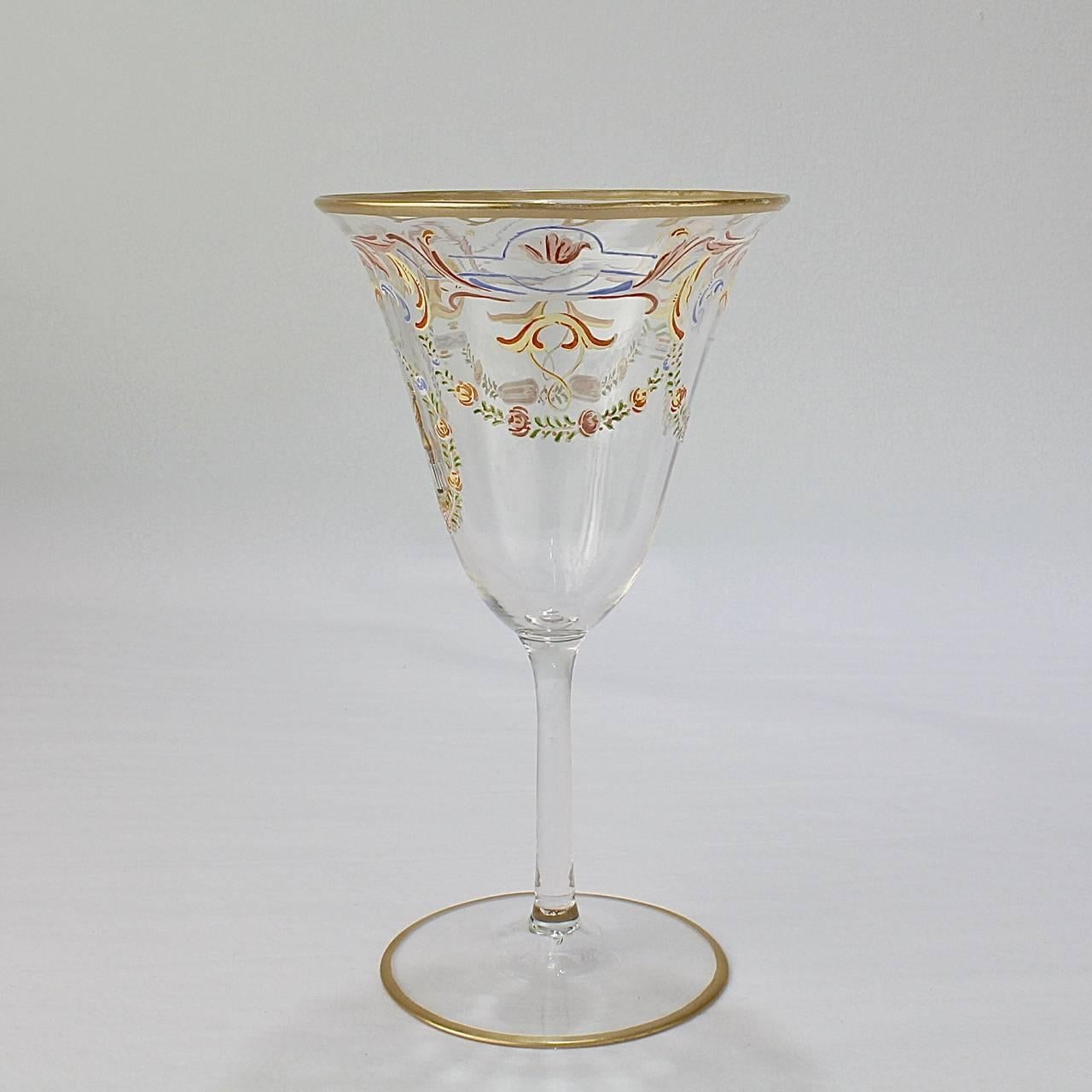 Renaissance Revival Set of 12 Enameled Venetian Glass Wine or Water Goblets, 1930s