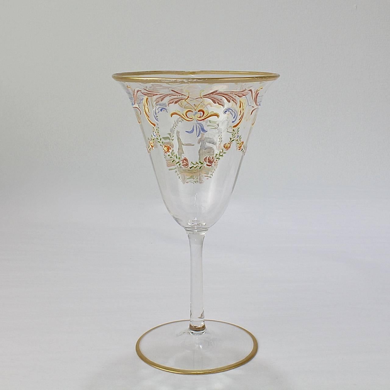 Italian Set of 12 Enameled Venetian Glass Wine or Water Goblets, 1930s