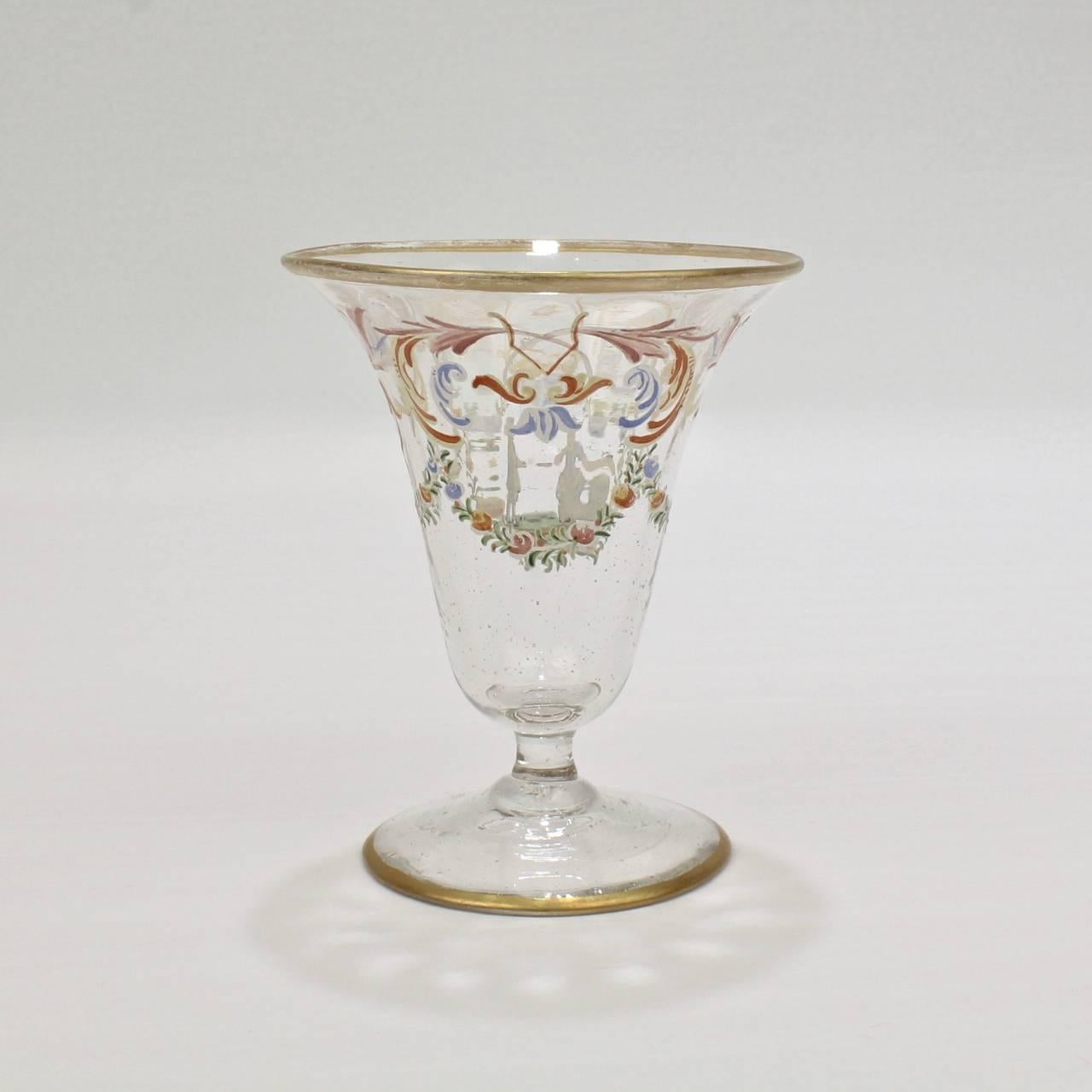 Renaissance Revival Set of Ten Enamelled Venetian Glass Short Stemmed Cordial Glasses, 1930s