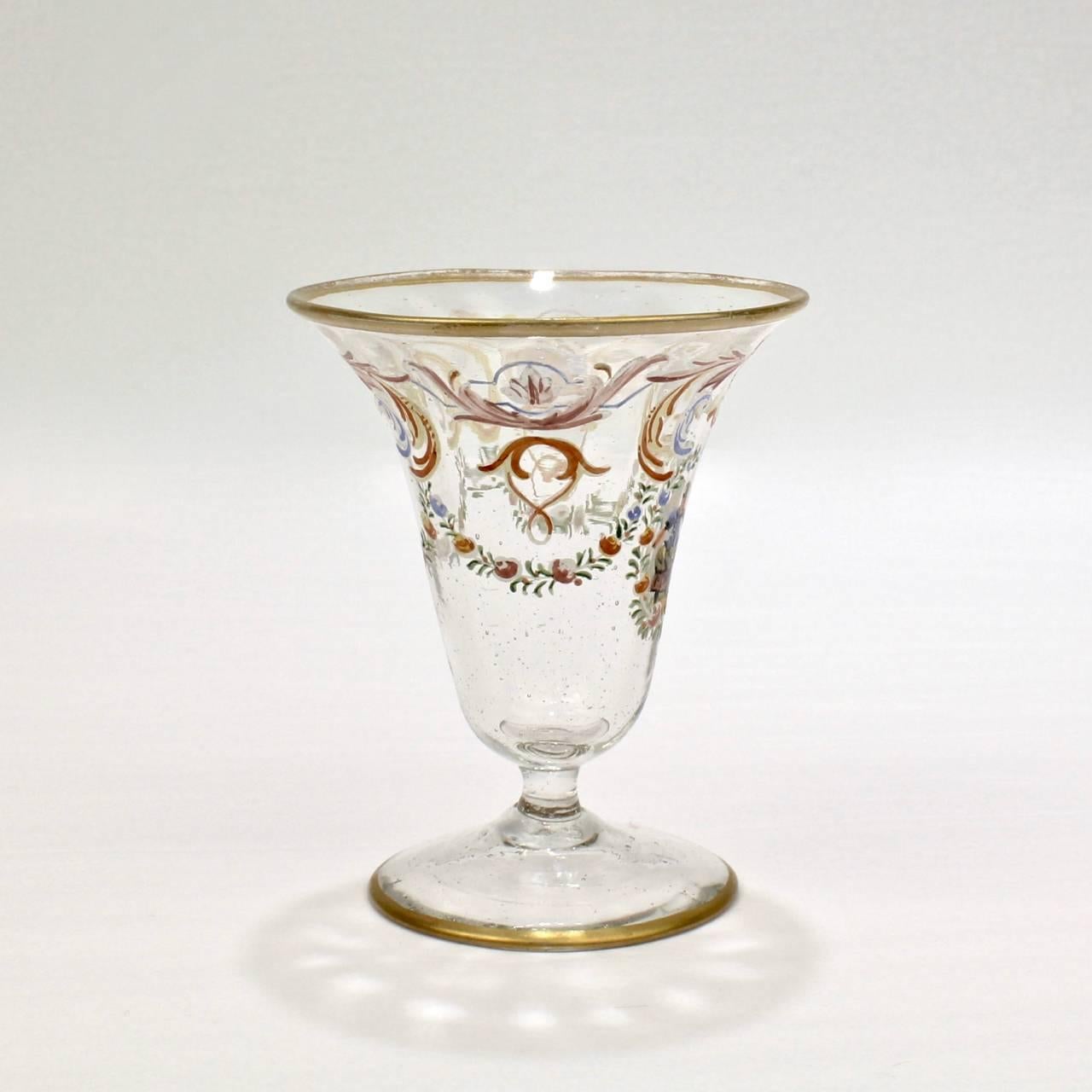 Italian Set of Ten Enamelled Venetian Glass Short Stemmed Cordial Glasses, 1930s
