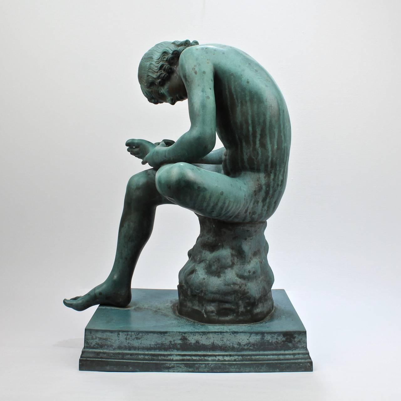 A large-scale and very finely modeled Grand Tour bronze sculpture after the Greco-Roman model of "Spinario" or the "Boy with Thorn" by Benedetto Boschetti.

With a stunningly beautiful weathered verdigris patina. (This bronze