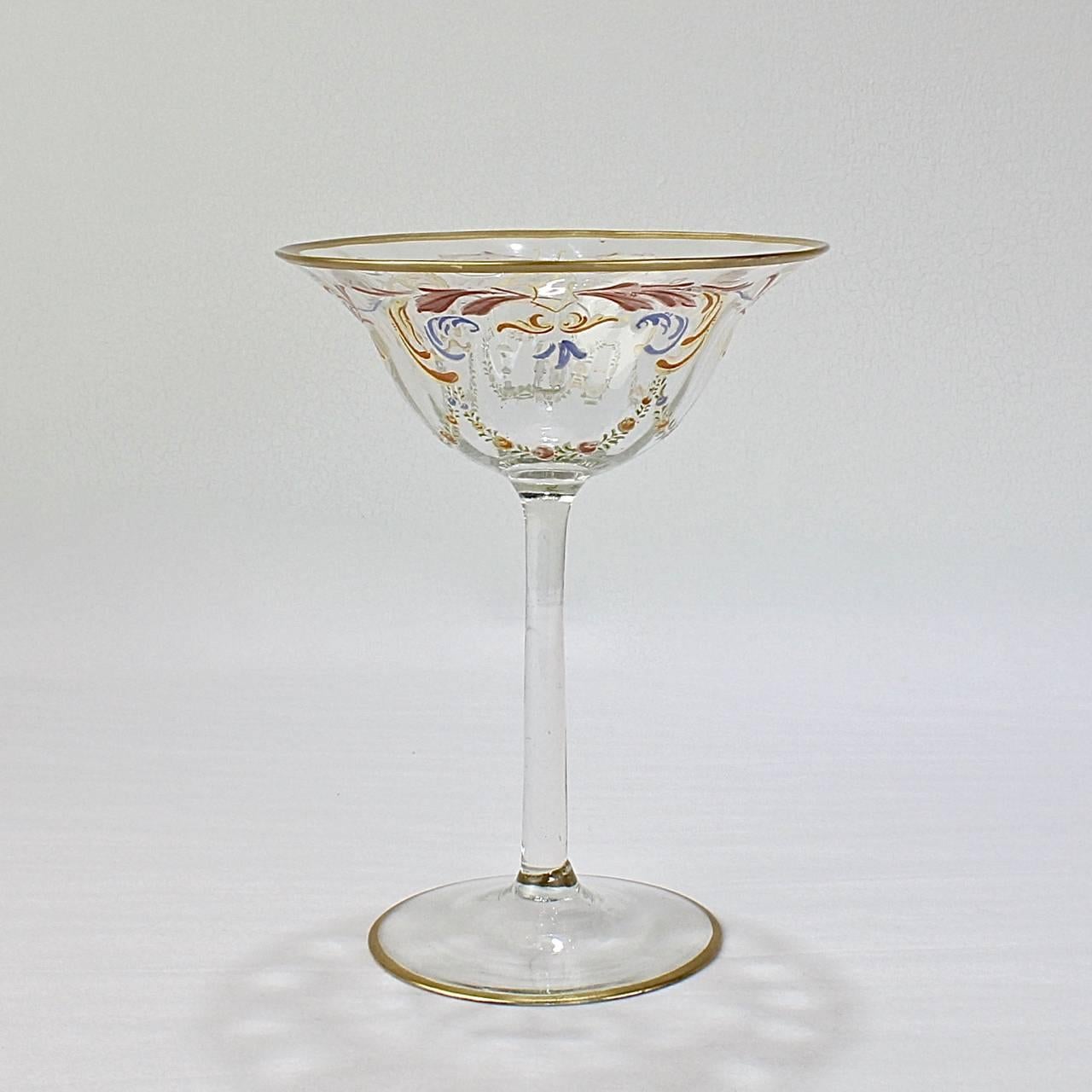 Renaissance Revival Set of Ten Enamelled Venetian Glass Low Champagne Glasses, 1930s