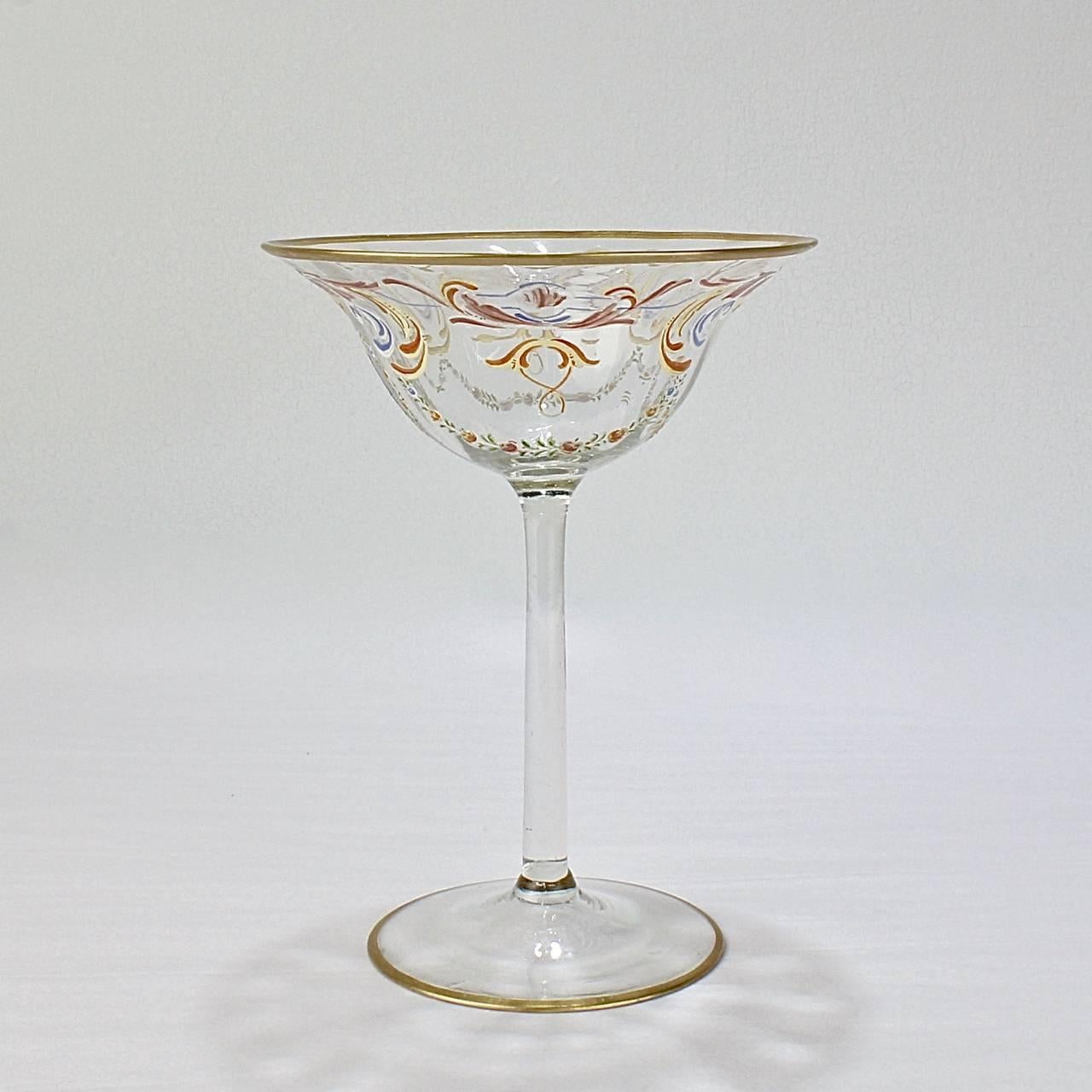 Italian Set of Ten Enamelled Venetian Glass Low Champagne Glasses, 1930s