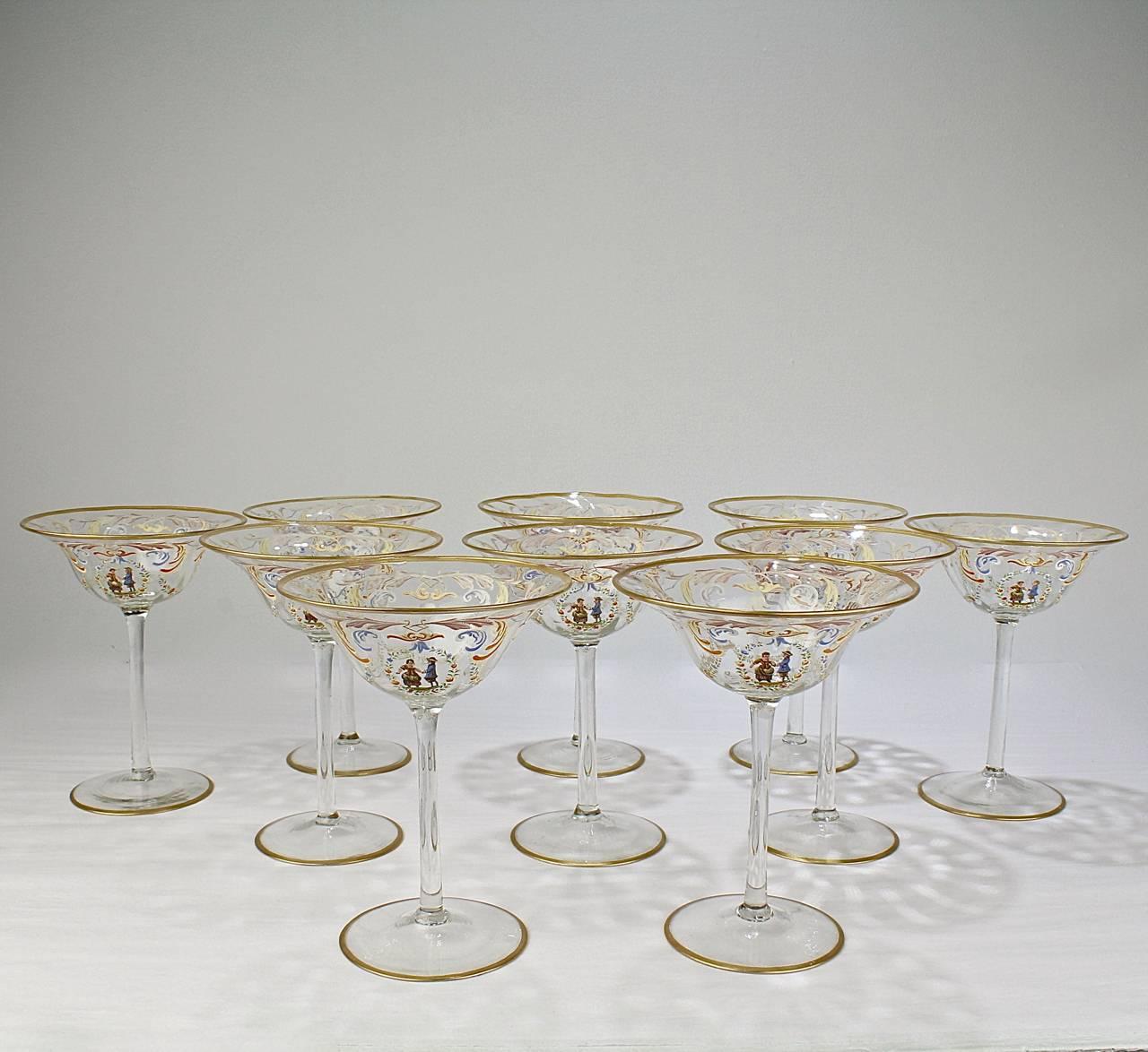 Set of Ten Enamelled Venetian Glass Low Champagne Glasses, 1930s In Good Condition In Philadelphia, PA