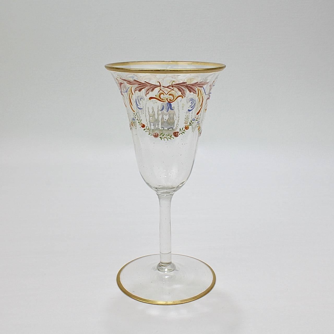 Set of 12 Enameled Venetian Glass White Wine Stems or Glasses, 1930s In Good Condition In Philadelphia, PA
