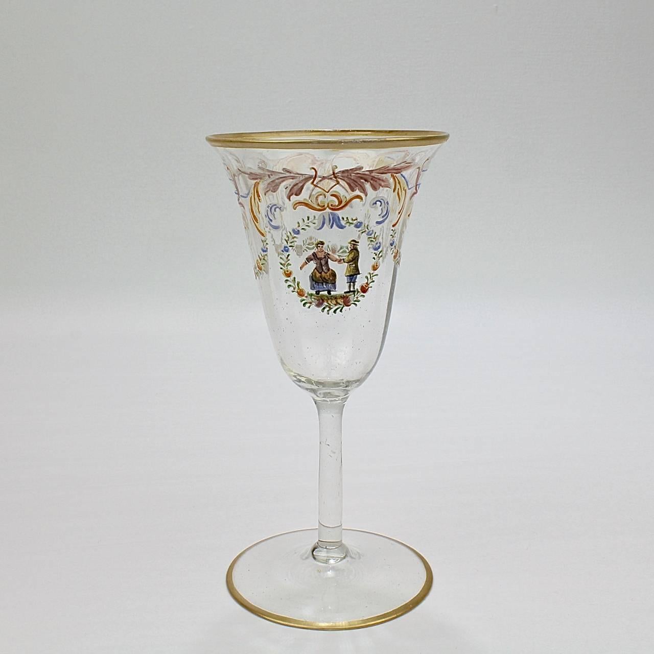 Renaissance Revival Set of 12 Enameled Venetian Glass White Wine Stems or Glasses, 1930s