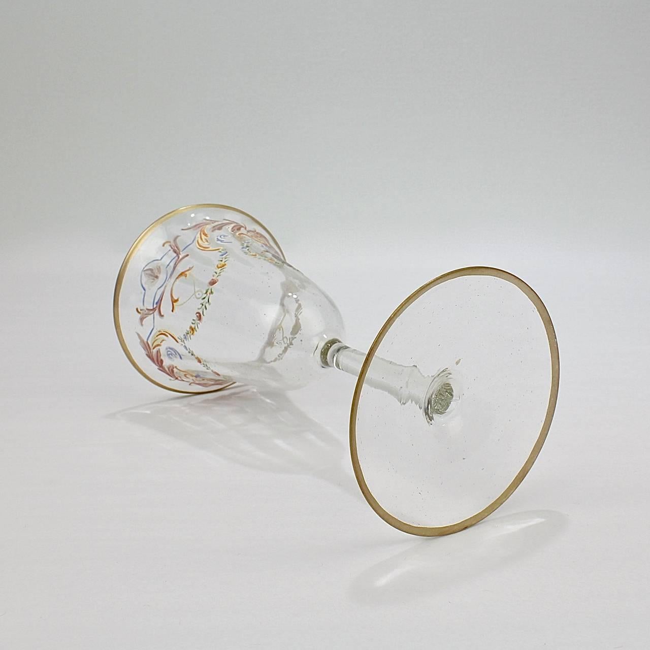 Blown Glass Set of 12 Enameled Venetian Glass White Wine Stems or Glasses, 1930s
