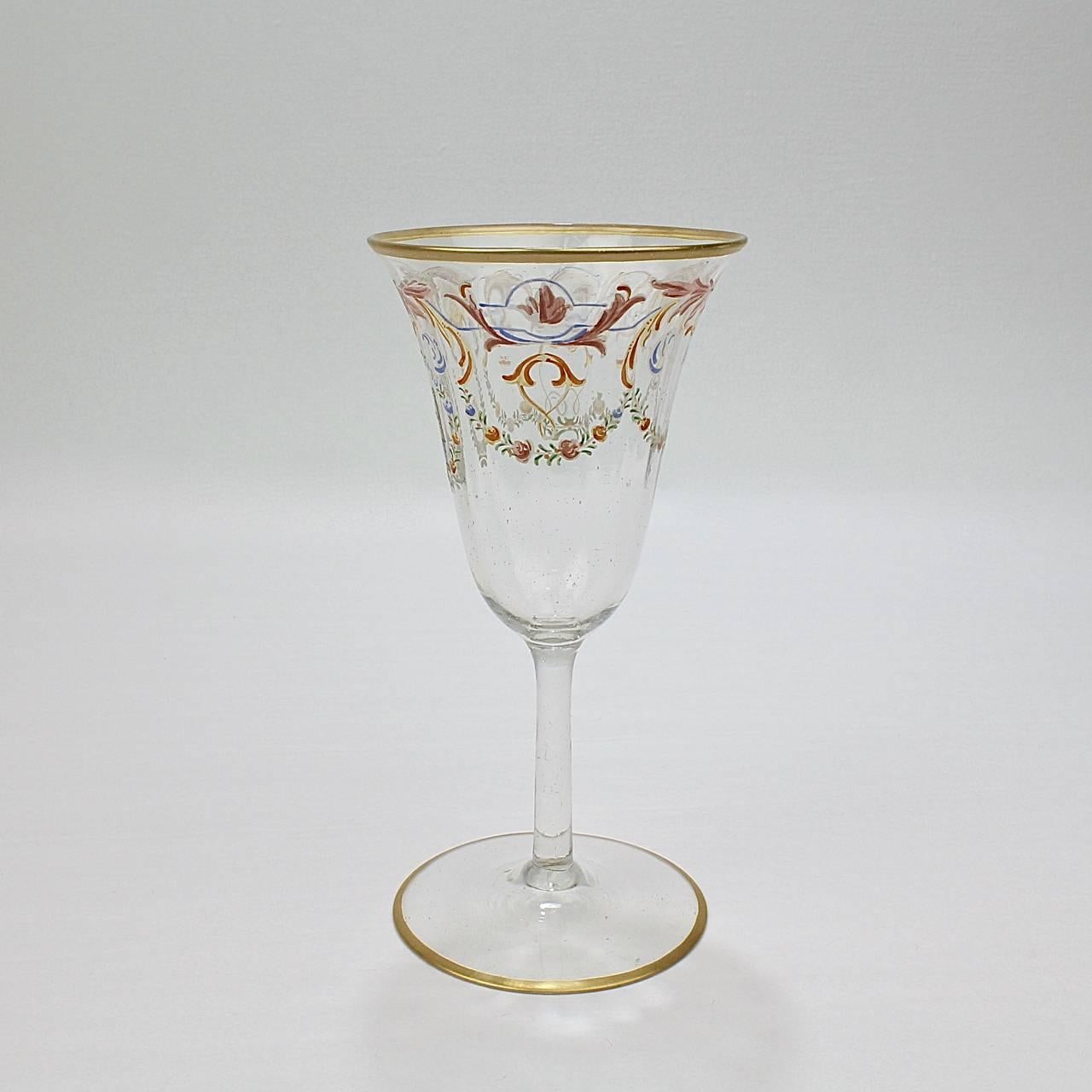 Italian Set of 12 Enameled Venetian Glass White Wine Stems or Glasses, 1930s
