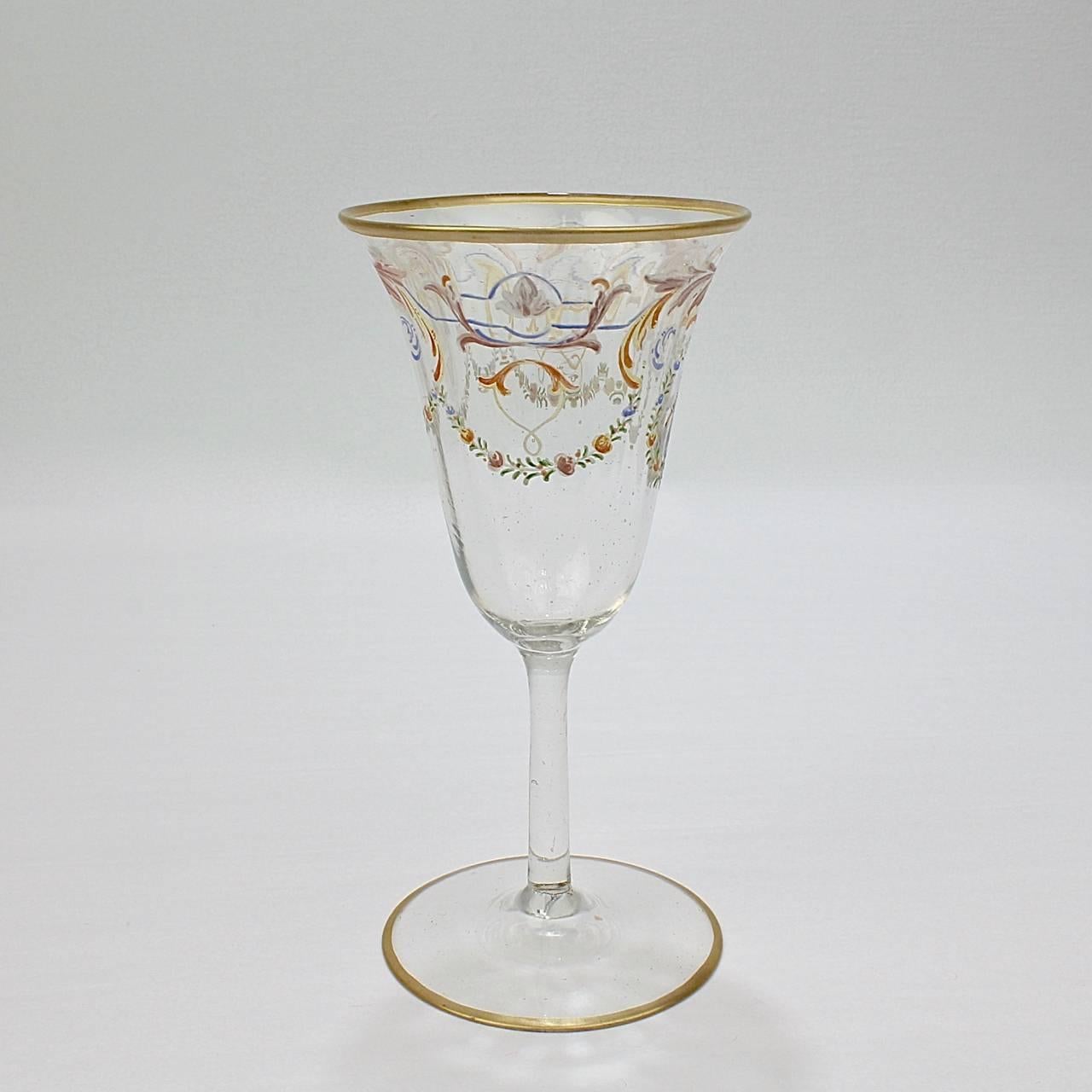 20th Century Set of 12 Enameled Venetian Glass White Wine Stems or Glasses, 1930s