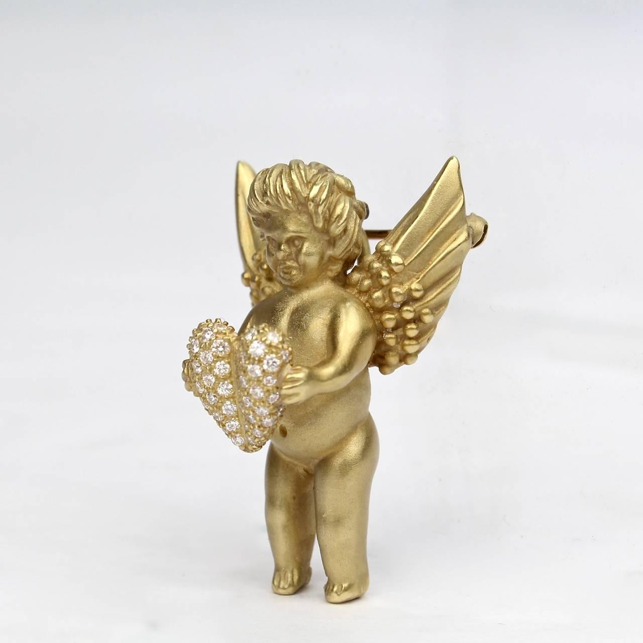 Late 20th Century 18-Karat Gold & Diamonds Kieselstein Cord Angel with Heart Brooch or Pin