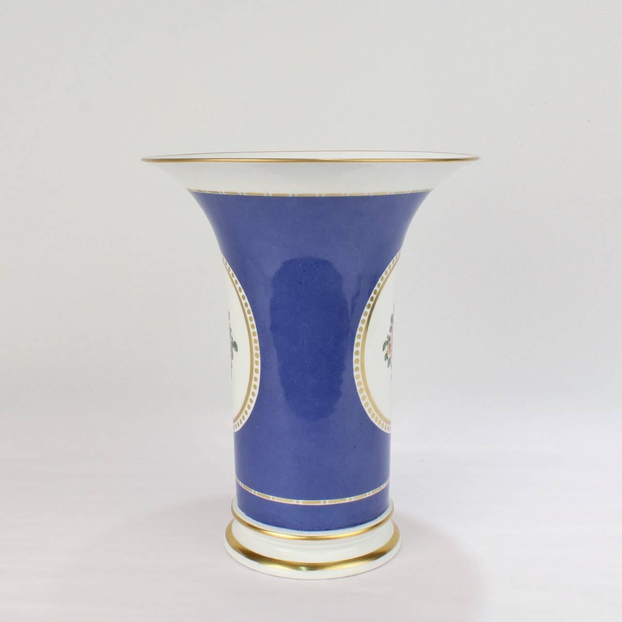German Large Nymphenburg Porcelain Powder Blue Ground Trumpet Form Flower Vase, ea. For Sale