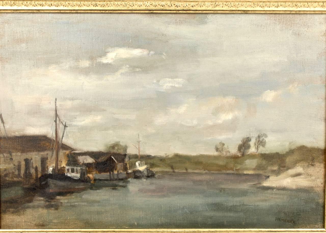 Américain Peinture à l'huile sur toile d'une scène maritime d'un port et d'un chantier naval par Seymour Remenick en vente