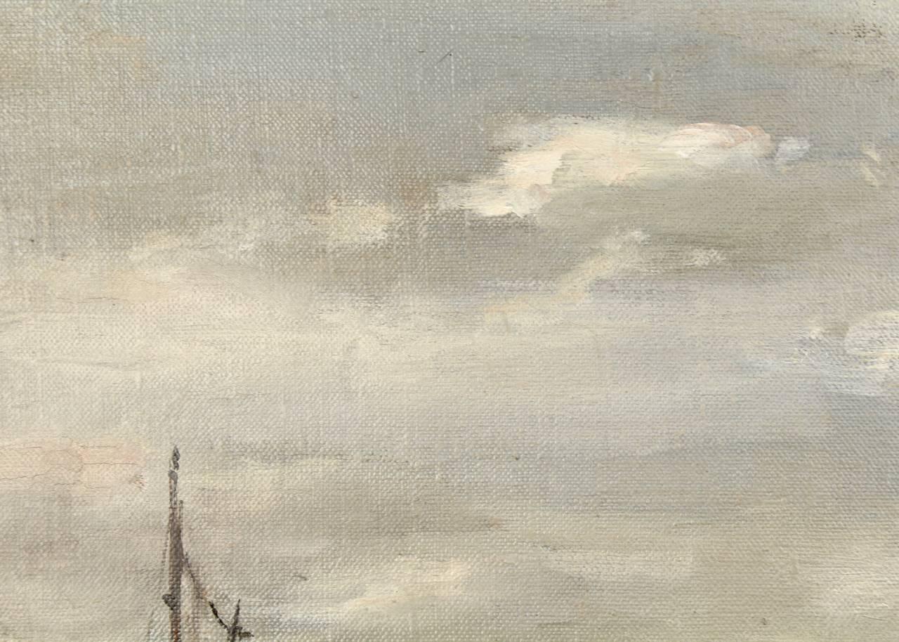 Peinture à l'huile sur toile d'une scène maritime d'un port et d'un chantier naval par Seymour Remenick en vente 2