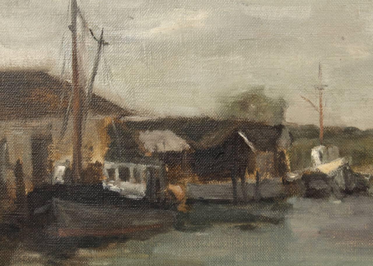 Peinture à l'huile sur toile d'une scène maritime d'un port et d'un chantier naval par Seymour Remenick Bon état - En vente à Philadelphia, PA