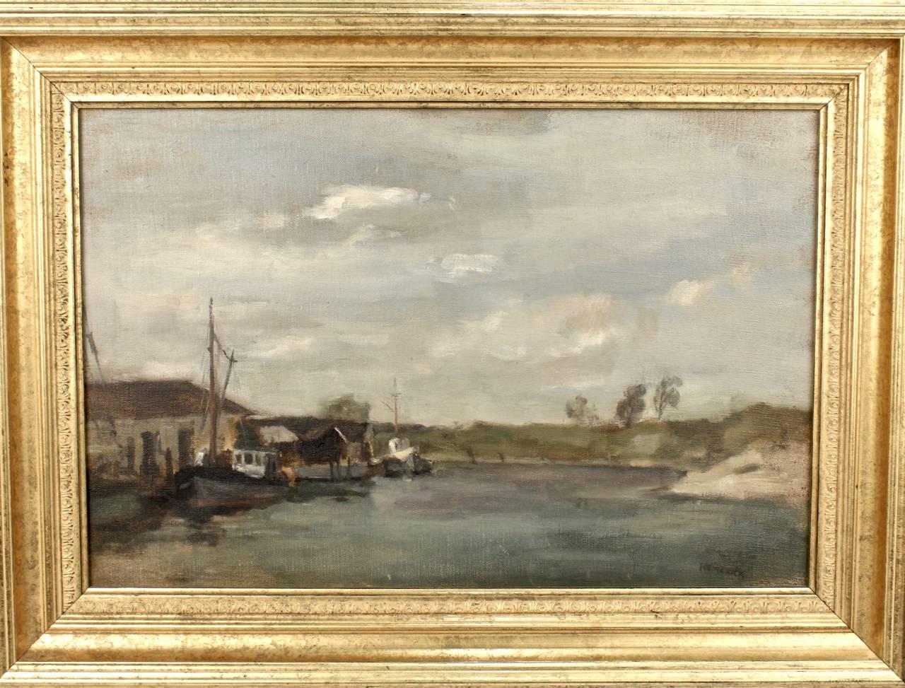 Seymour Remenick (1923-1999).

An untitled oil on canvas painting of a marine scene with boats and a small dock on an inlet. Likely an Atlantic Seaboard scene from the Southern New Jersey, Maryland, or Delaware coast.

Remenick was raised in
