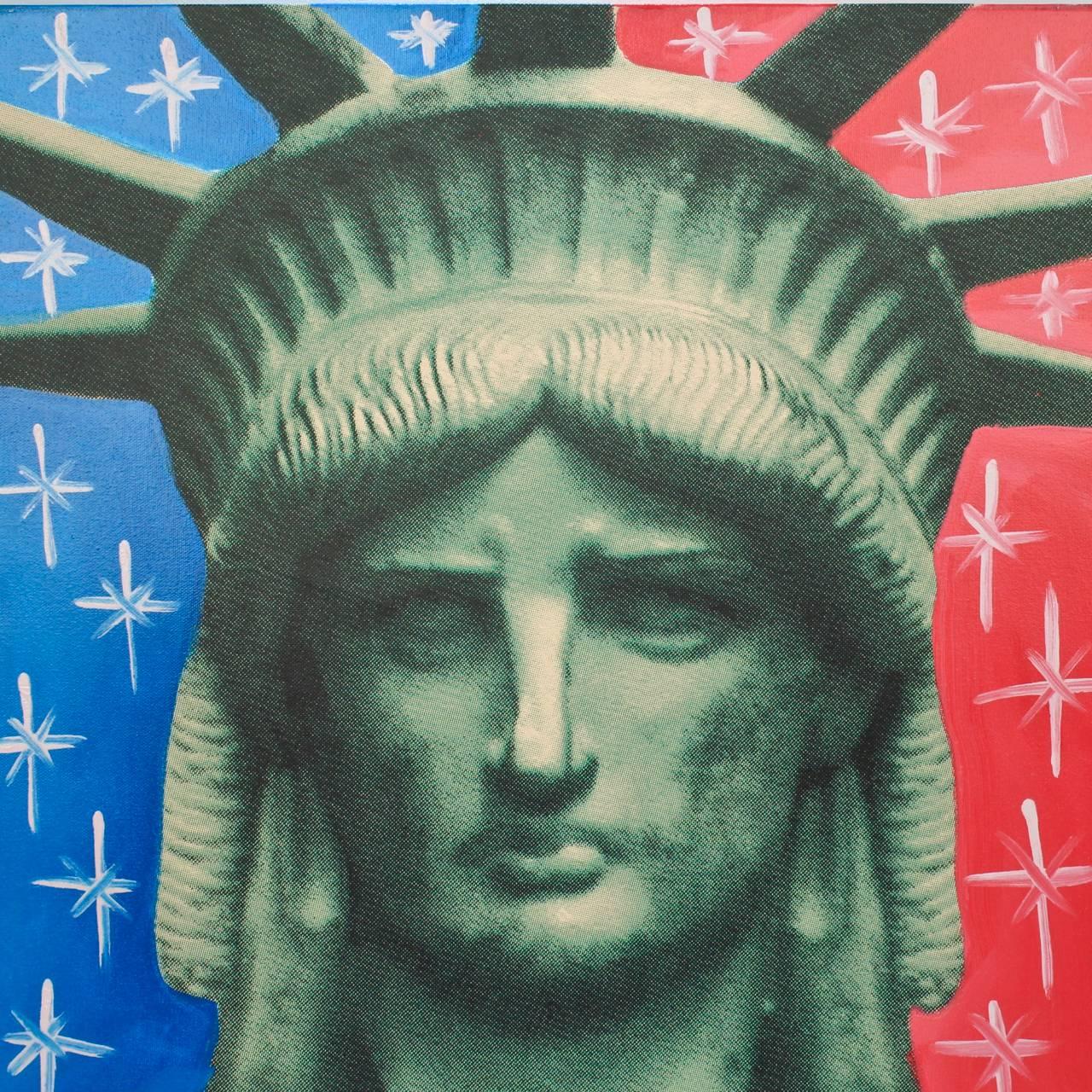 Title: Liberty head.

By: Steve Kaufman.

Date: 1990s.

A limited edition screen-print on canvas with hand embellishments (in oil).

Depicting the head of of the statue of liberty against a blue and red background embellished with