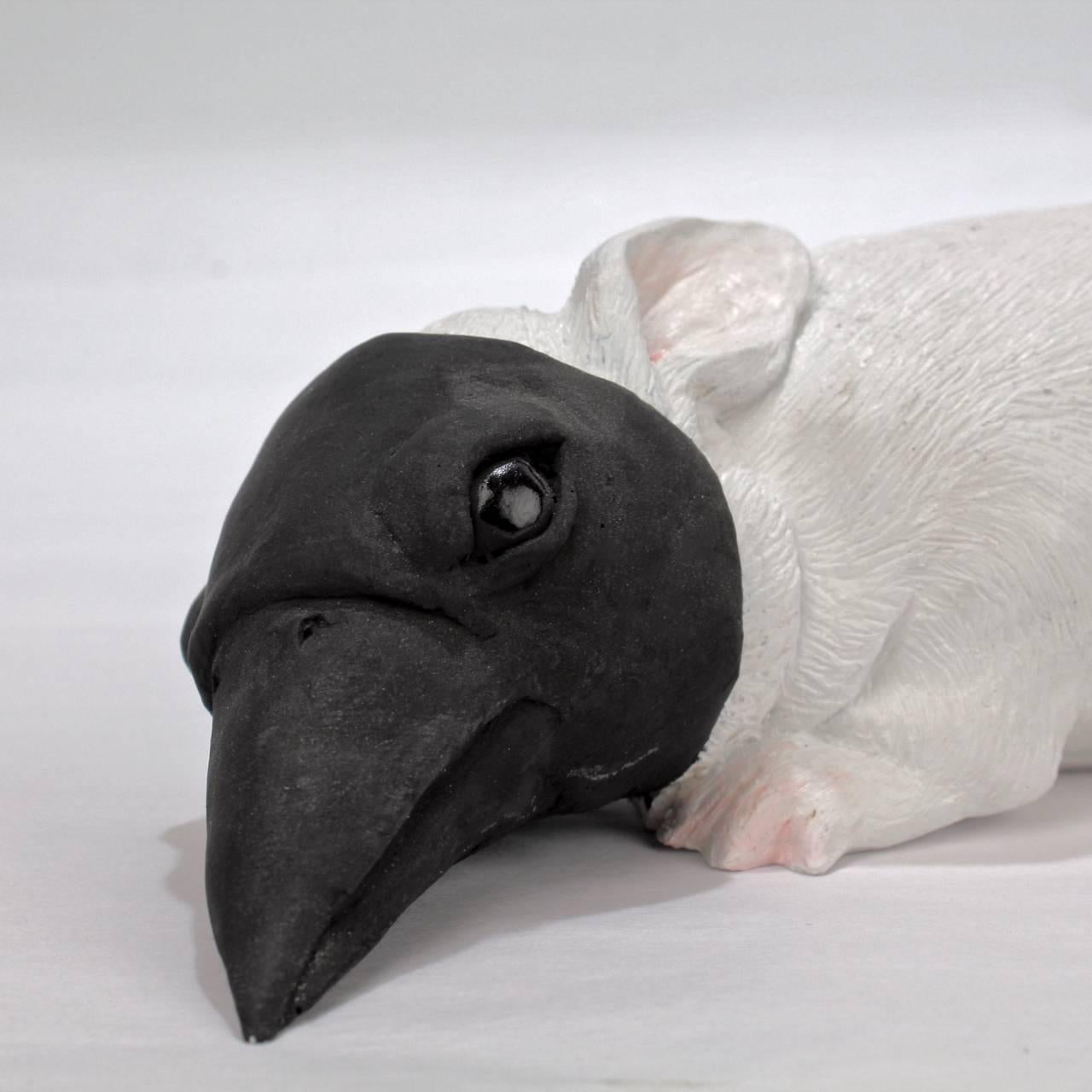 American Darla Jackson Baby Bunny with Crow's Mask White Painted Plaster Sculpture, 2011