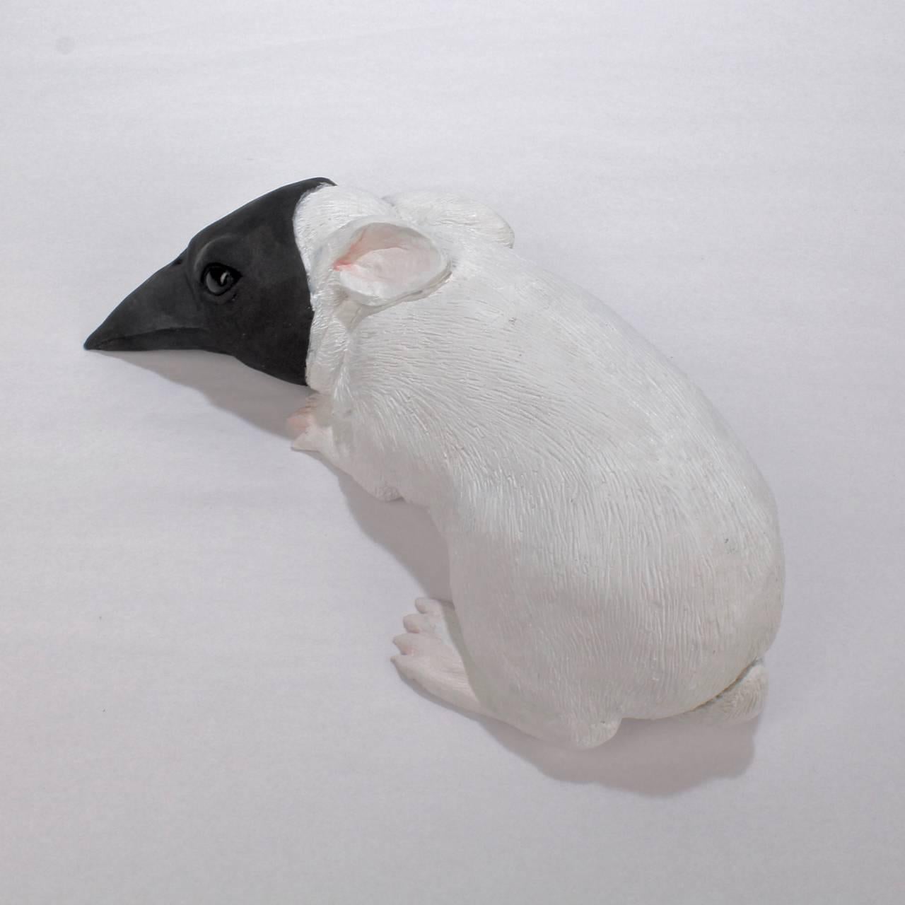 Contemporary Darla Jackson Baby Bunny with Crow's Mask White Painted Plaster Sculpture, 2011