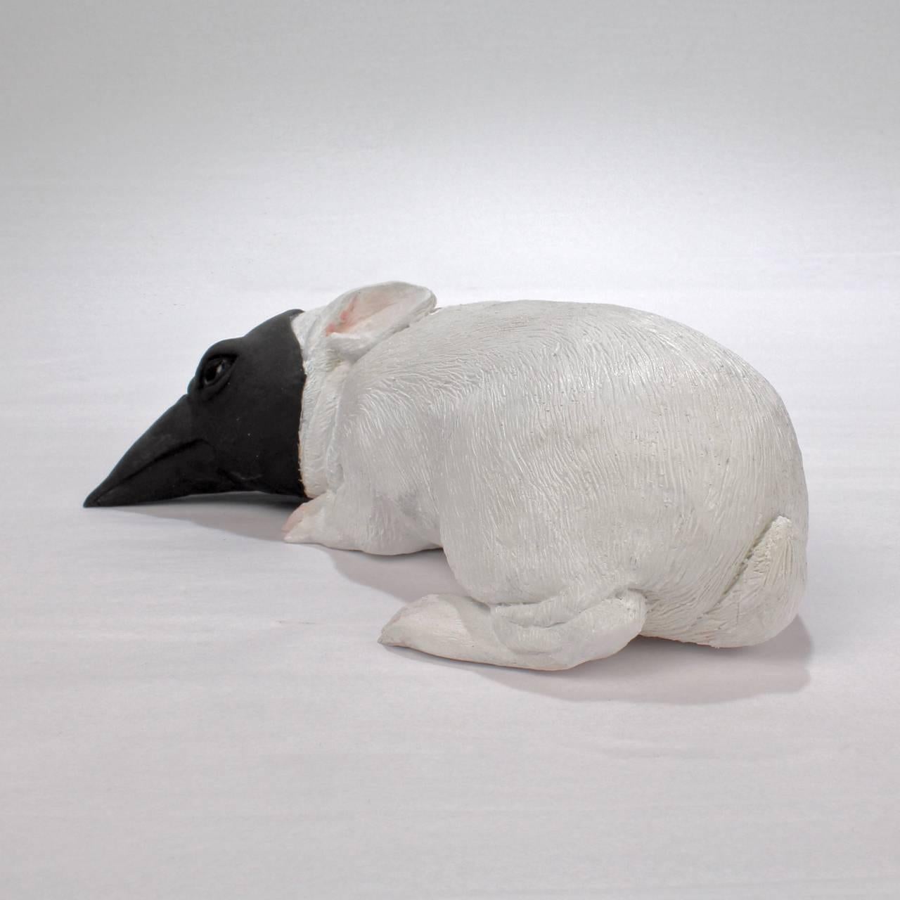 Modern Darla Jackson Baby Bunny with Crow's Mask White Painted Plaster Sculpture, 2011
