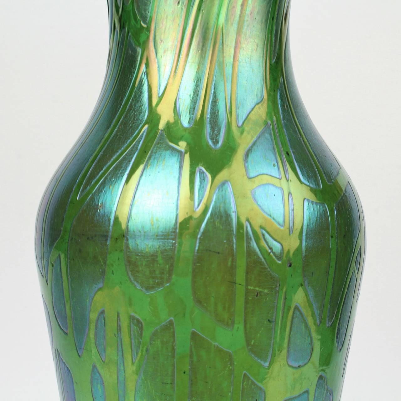 Large Antique Art Nouveau Period Loetz Green Crete Pampas Pattern Art Glass Vase 2
