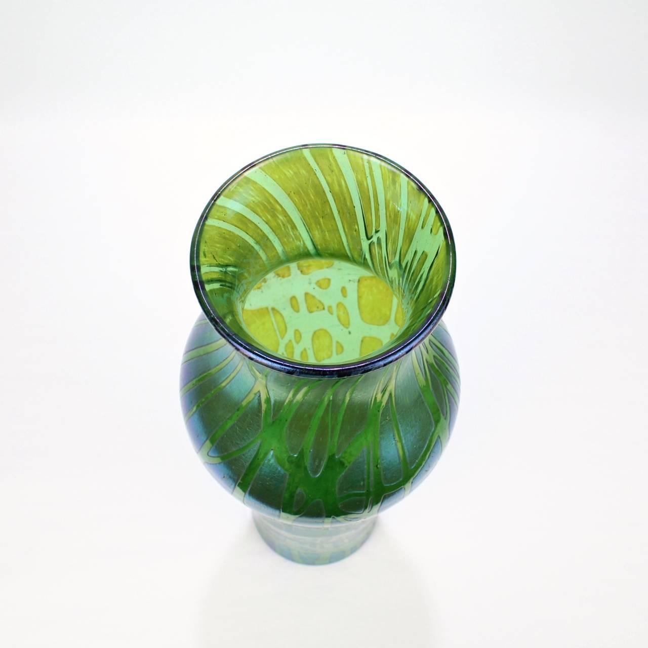 Austrian Large Antique Art Nouveau Period Loetz Green Crete Pampas Pattern Art Glass Vase