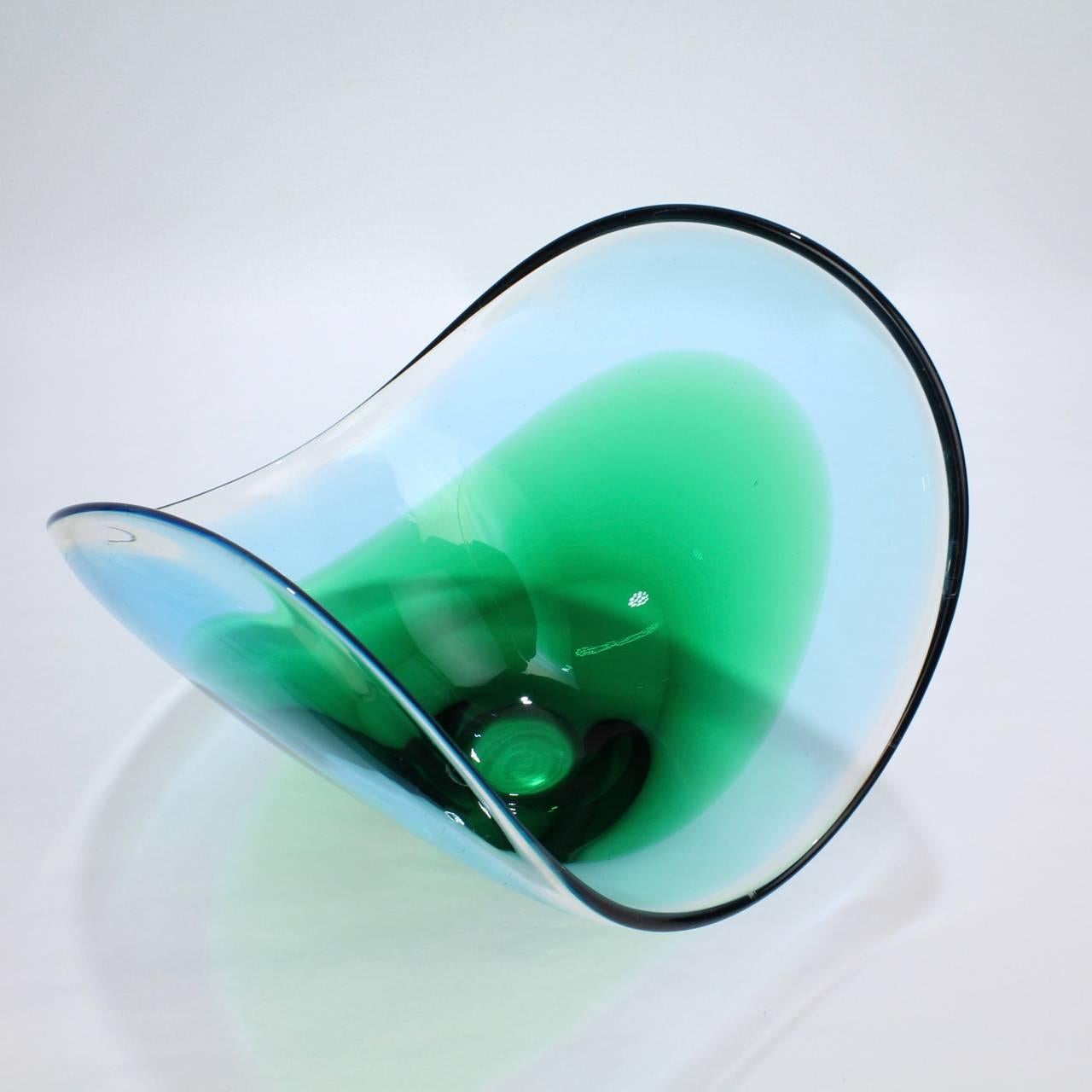 Murano Glass Large Mid-Century Modern Murano Italian Sommerso Art Glass Bowl in Blue & Green