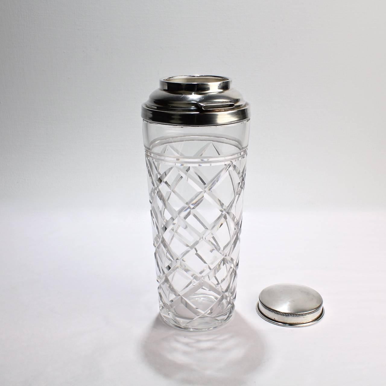 20th Century American Art Deco Cut-Glass and Sterling Silver Cocktail Shaker by Webster & Co