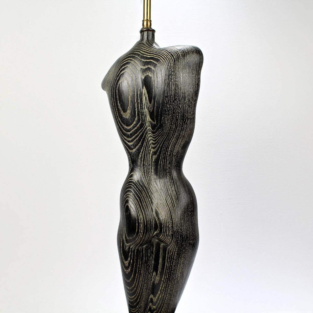 Carved Mid-Century Modern Cerused Oak Wooden Torso Table Lamp by Yasha Heifetz 1