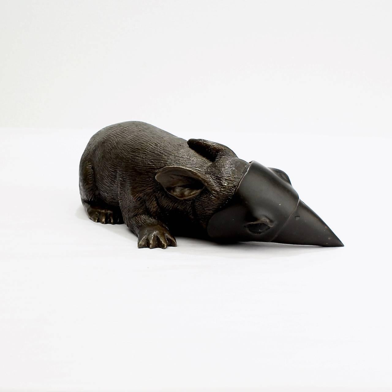 Cast Darla Jackson Baby Bunny with Crow's Mask Bronze Sculpture, 2015 For Sale