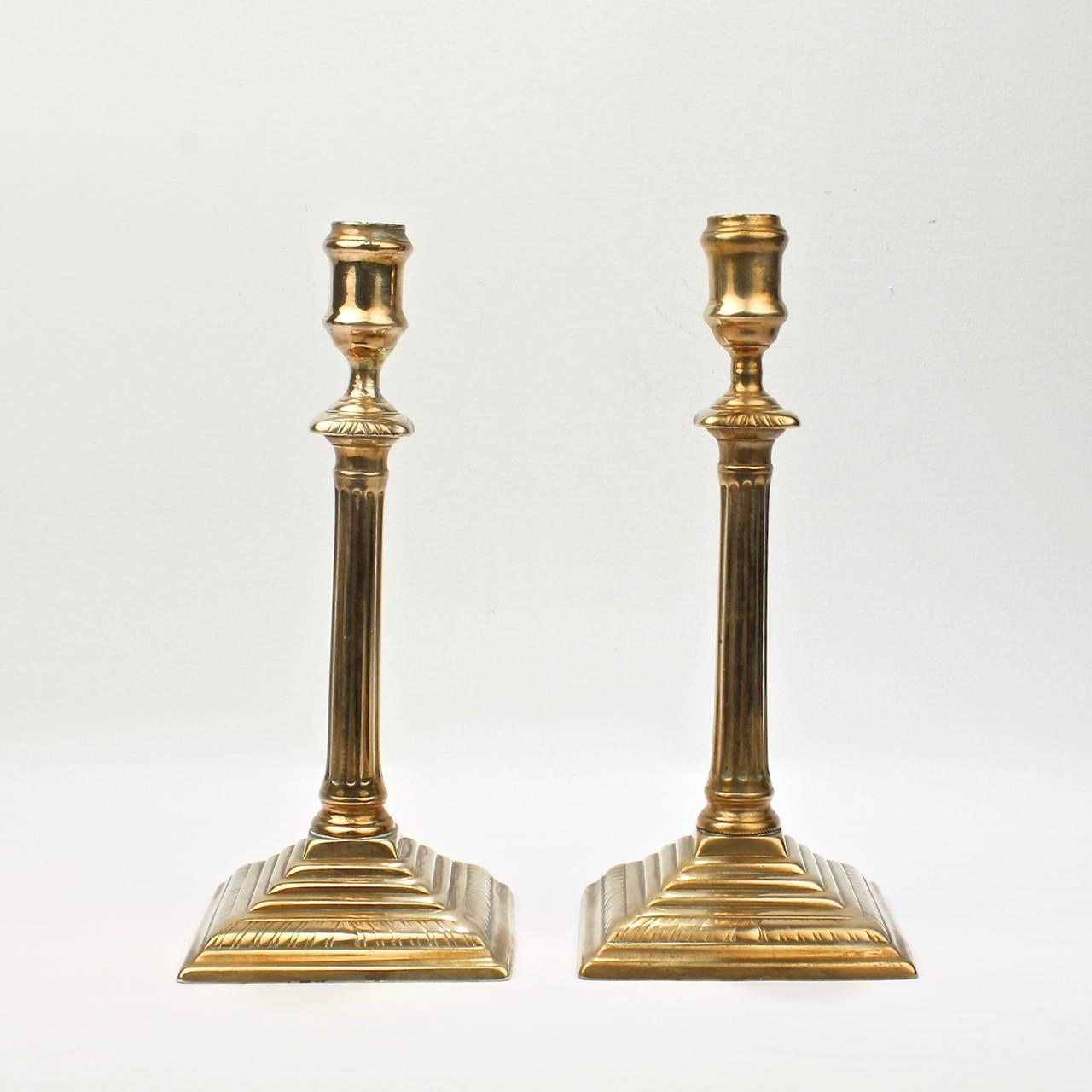 Cast Pair of English Neoclassical George III Brass Candlesticks, 18th Century