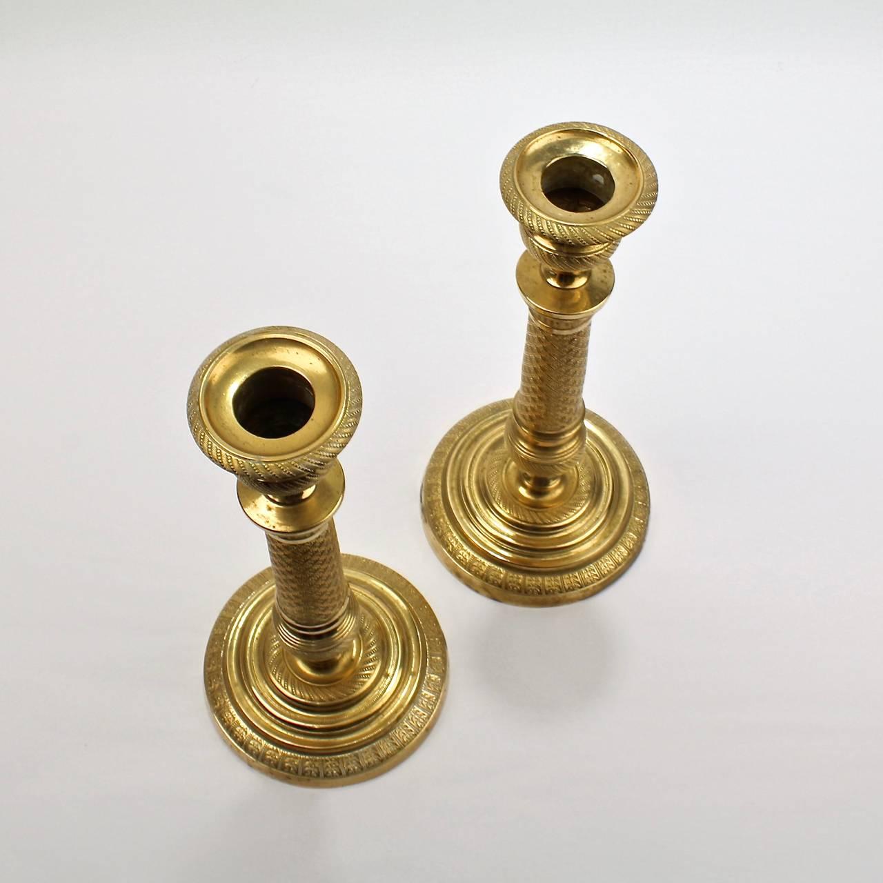 Pair of Finely Cast Dore Gilt Bronze French Empire Style Candlesticks In Good Condition In Philadelphia, PA