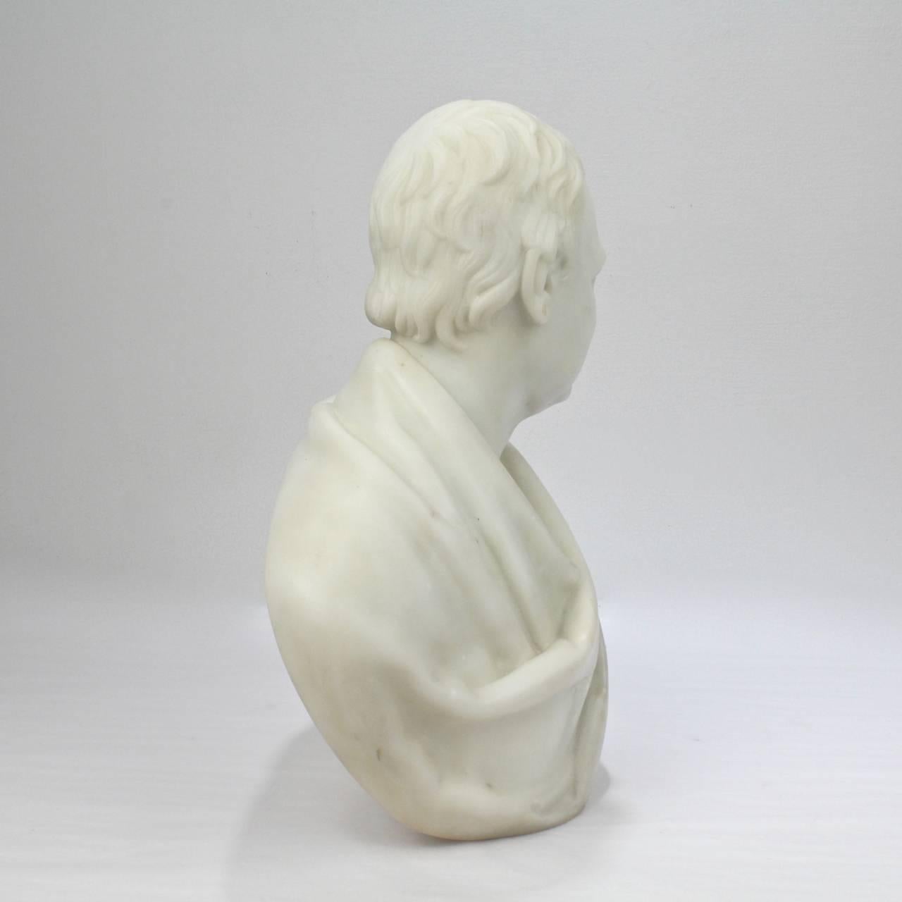 Carved Antique Neoclassical English Marble Bust of Sir Walter Scott After F. C. Leggatt