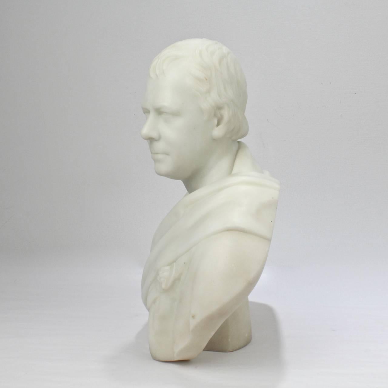 Antique Neoclassical English Marble Bust of Sir Walter Scott After F. C. Leggatt In Good Condition In Philadelphia, PA