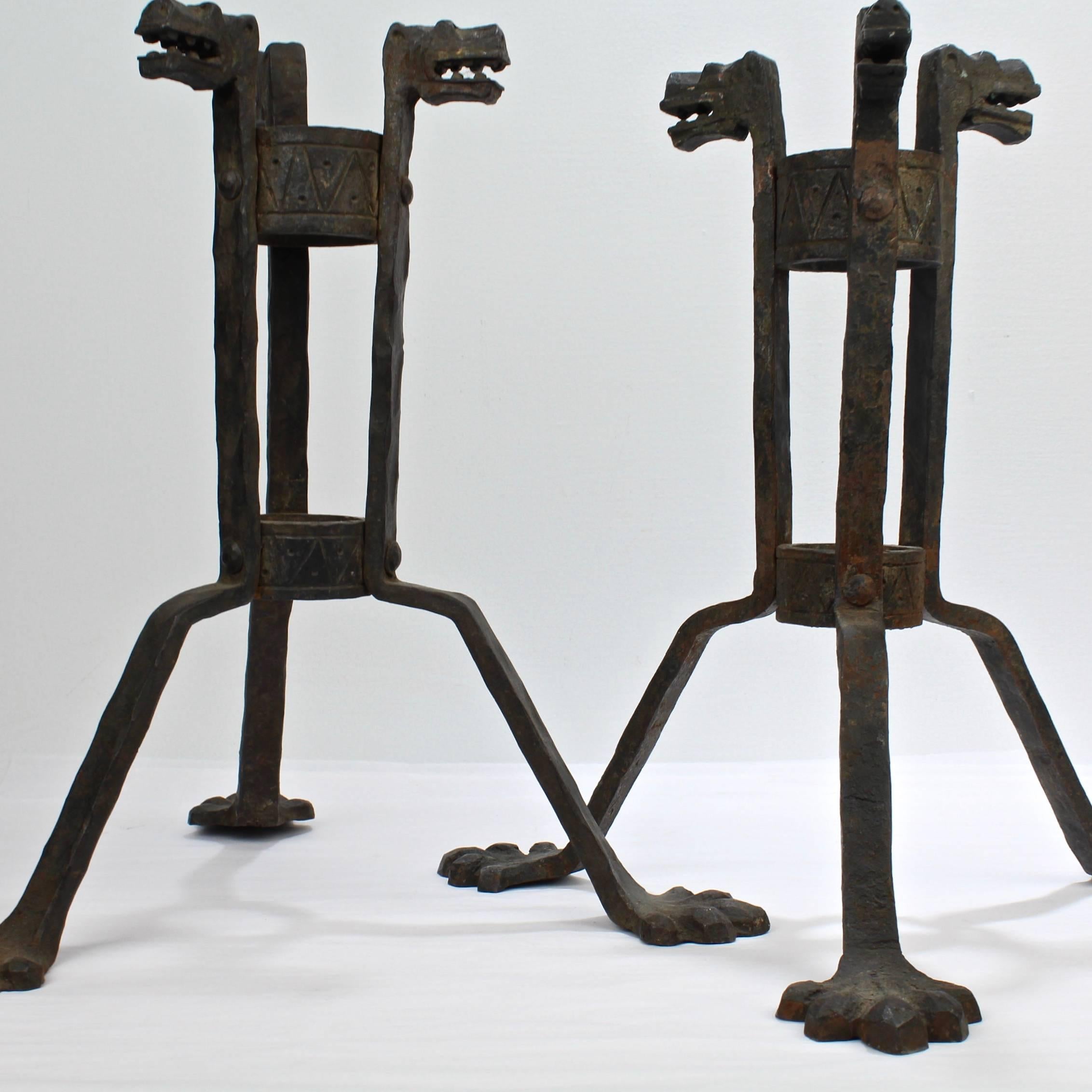 Pair of Gothic Revival Samuel Yellin Style Figural Wrought Iron Planter Stands 4