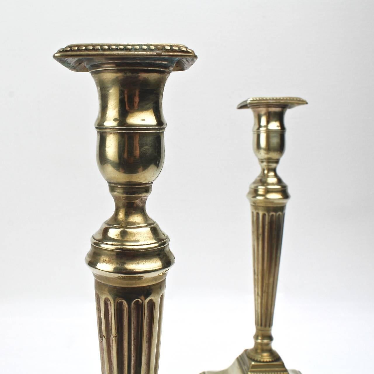 George III Pair of English 18th Century Georgian Fluted and Tapered Brass Candlesticks