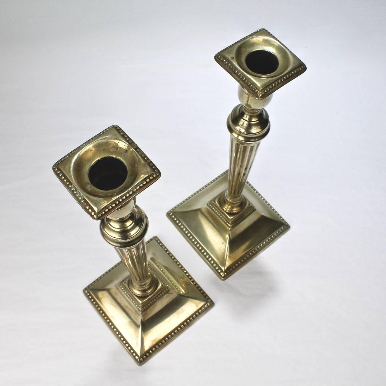 Pair of English 18th Century Georgian Fluted and Tapered Brass Candlesticks 1