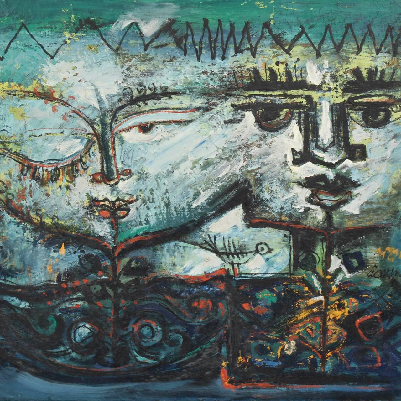 Lake.

An original oil on canvas painting by the Indian Modernist, Laxman Pai.

Dated, 1969

Signed and dated lower right and to the reverse of the canvas.

Measures: Frame size: 
Height: ca. 15 1/8 in.
Width: ca. 19 1/8 in.

sight size: 
Height: