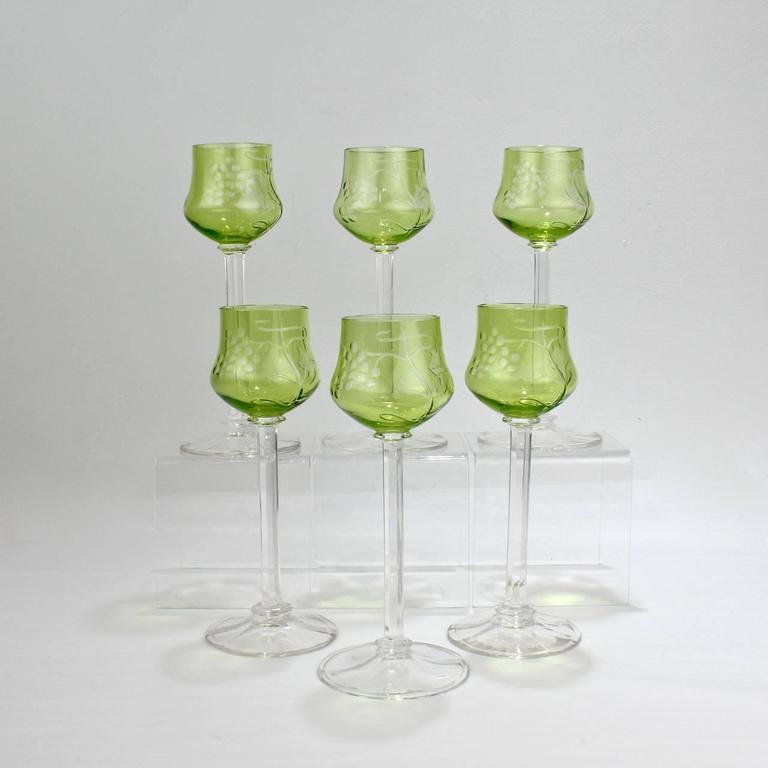 Set Of Six Green Antique Etched Jugendstil Moser Style White Wine Glasses Set Of Six Green Antique Etched Jugendstil Moser Style White Wine Glasses